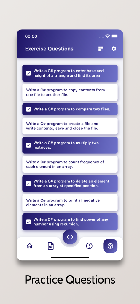C# Compiler - Run .cs Code - A list of C# programming exercise questions displayed on the app's interface for practice and learning.