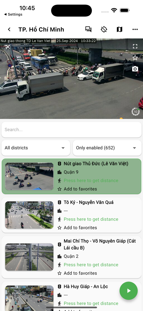 Traffic Camera VN - Interface of Traffic Camera VN app showing live traffic camera feeds of Ho Chi Minh City intersections