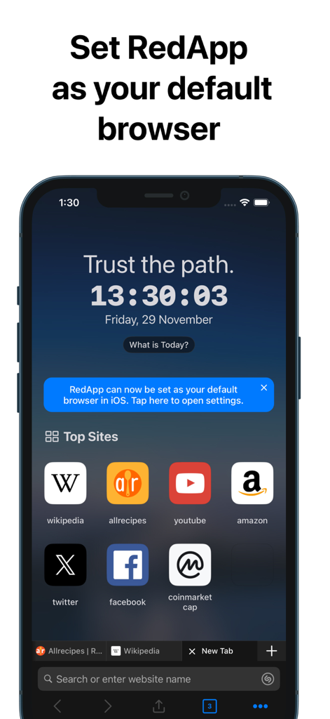 RedApp Browser - RedApp Browser interface on iPhone showing a prompt to set it as the default browser and a list of top sites