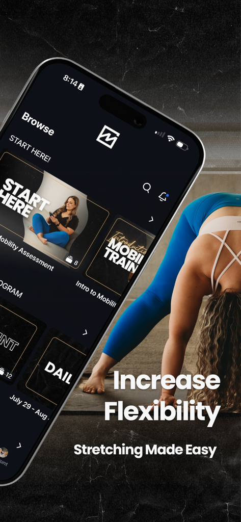 Mobility MVMNT - Mobility MVMNT app interface showing stretching routines and a woman performing a flexibility exercise