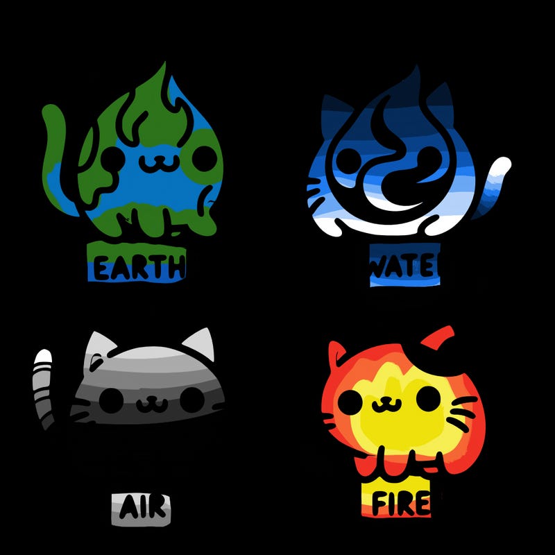 4 cats that represent the different elements, earth, water, air, and fire