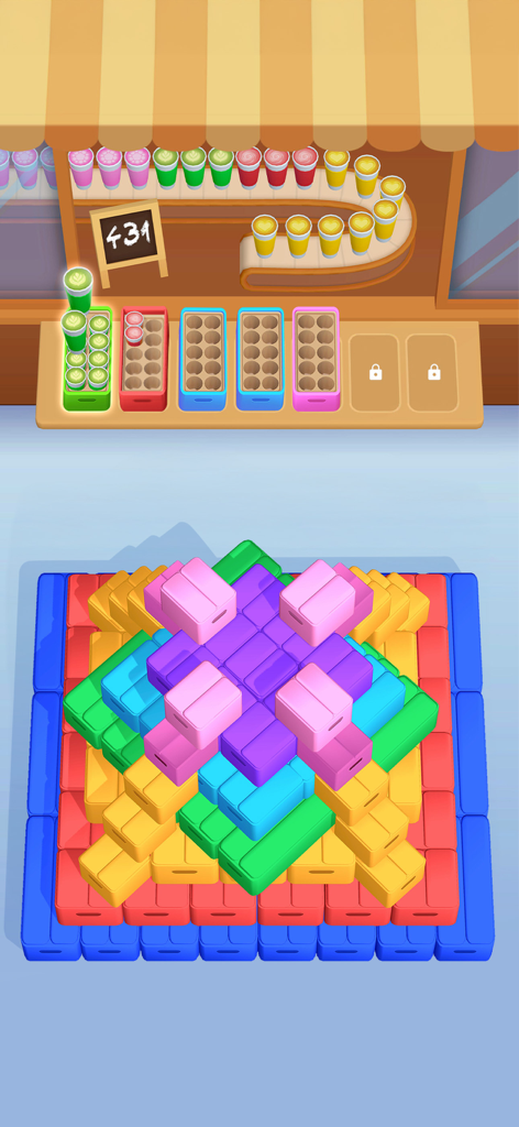 Coffee Craze - A colorful 3D box sorting puzzle level in the Coffee Craze mobile game featuring a cafe counter and stacked crates