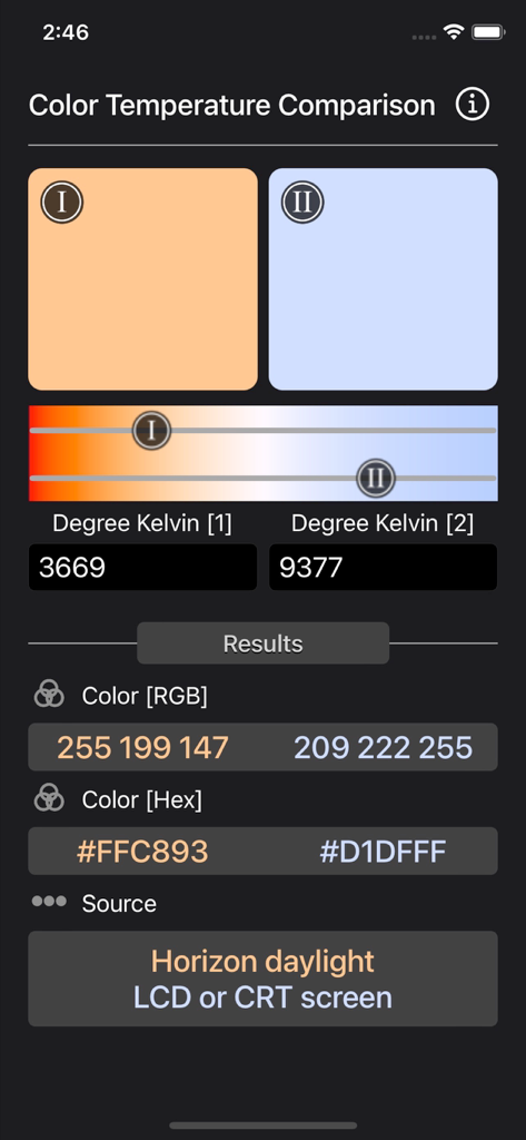 Captura de tela do aplicativo Comparação de Temperatura de Cor mostrando uma comparação de duas fontes de luz diferentes com seus valores Kelvin, RGB e HEX.