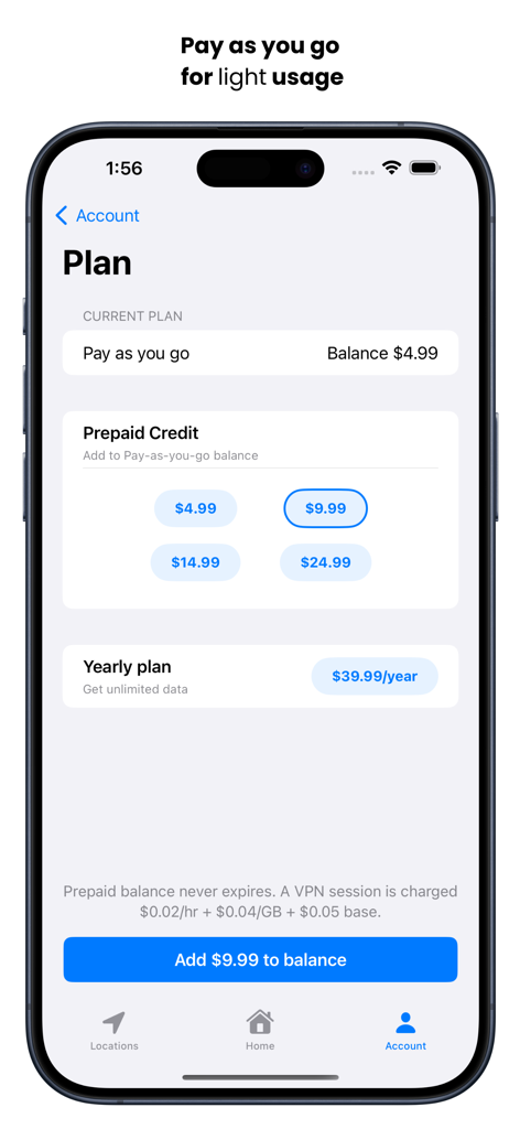 Serverless VPN - UpVPN - UpVPN mobile app interface showing pay-as-you-go credit options and yearly subscription plans