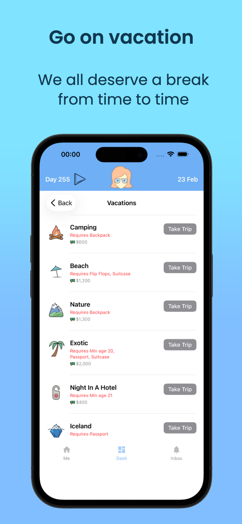 A menu in the Life Sim app showing various vacation destinations like beach and camping with their costs and requirements