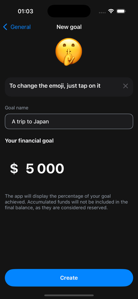 Saro: Money Manager - Interface for setting a new savings goal in the Saro Money Manager app showing a five thousand dollar target for a trip to Japan