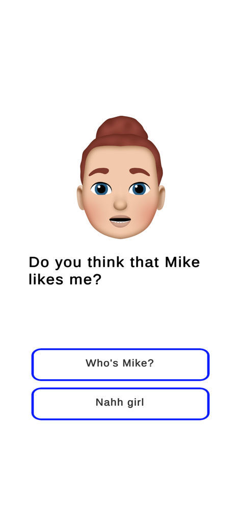 A character in GossipMaster asking a question with two choice buttons