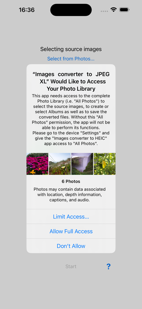 Images converter to HEIC - Mensaje del sistema de iPhone solicitando acceso a la biblioteca de fotos en la aplicación convertidora de HEIC
