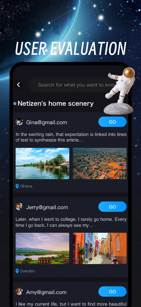 3D World Map VR - User evaluation screen in the 3D World Map VR app displaying travel stories and photos of scenery from Ghana and Sweden