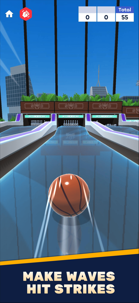 Skyline Bowling - A bowling ball rolling down a lane in a city skyscraper setting with the text Make Waves Hit Strikes