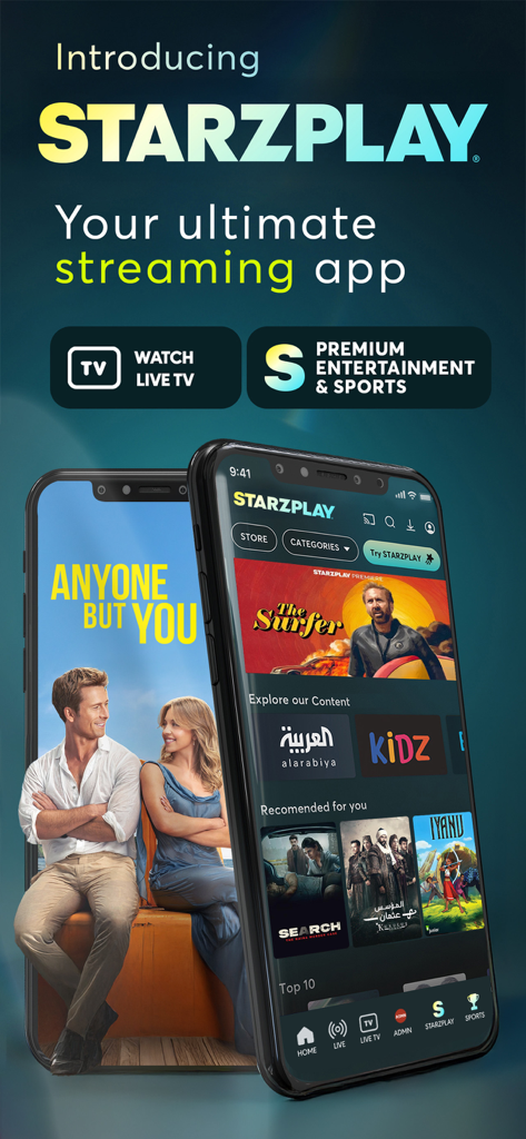 STARZPLAY ستارزبلاي - L'interface de l'application Starzplay propose des films, des séries et des retransmissions sportives en direct.