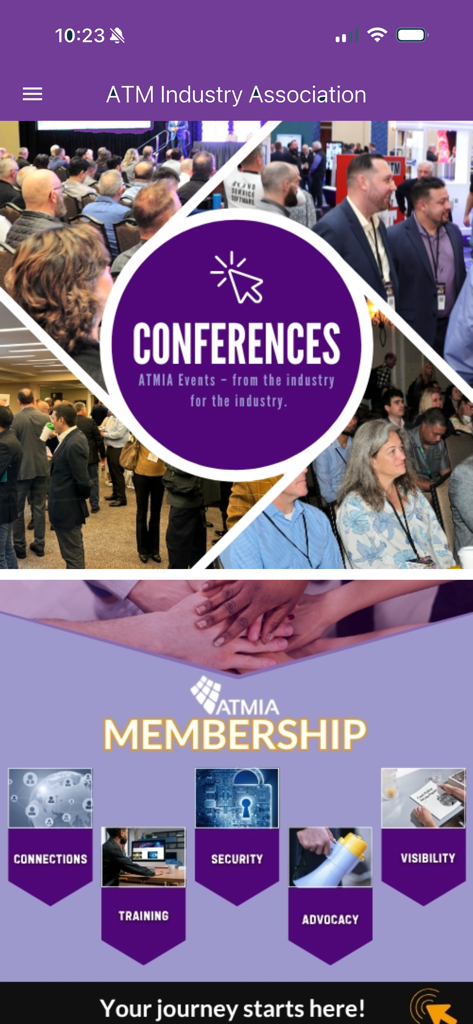 ATMIA - ATMIA mobile app home screen displaying conference networking and membership benefit sections