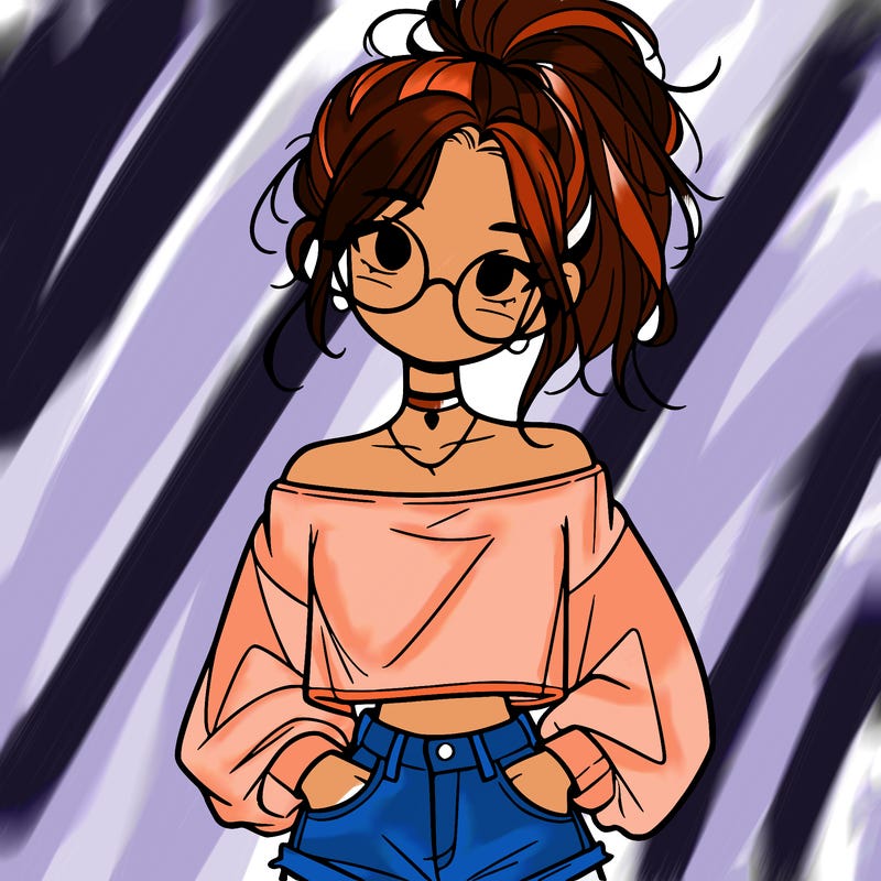 girl with a messy ponytail glasses a baggy crop top and jean shorts