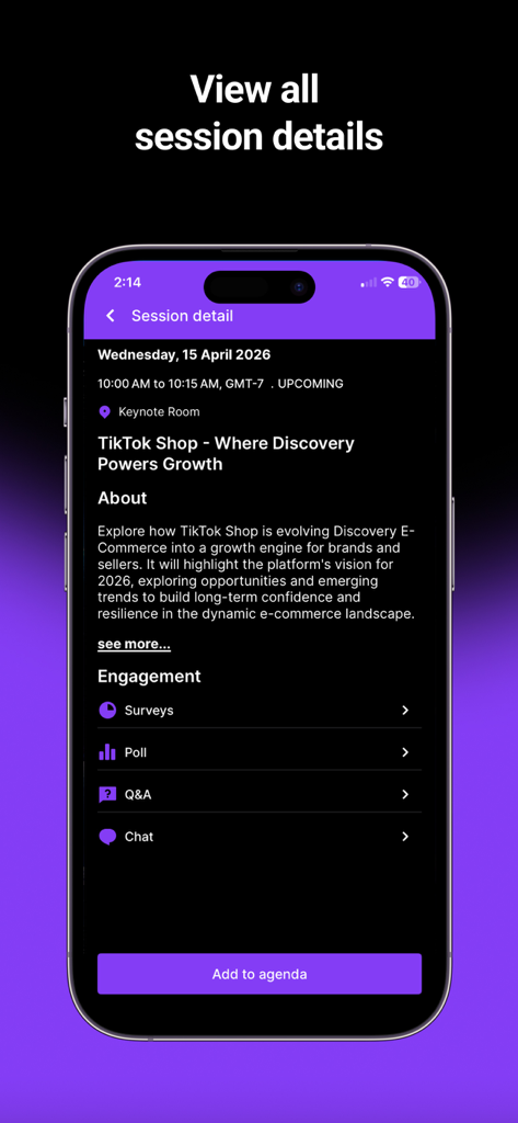 TikTok Shop Summit 2026 - Pantalla de detalles de sesión en la aplicación móvil Cumbre TikTok Shop 2026 con descripción del evento y herramientas de participación