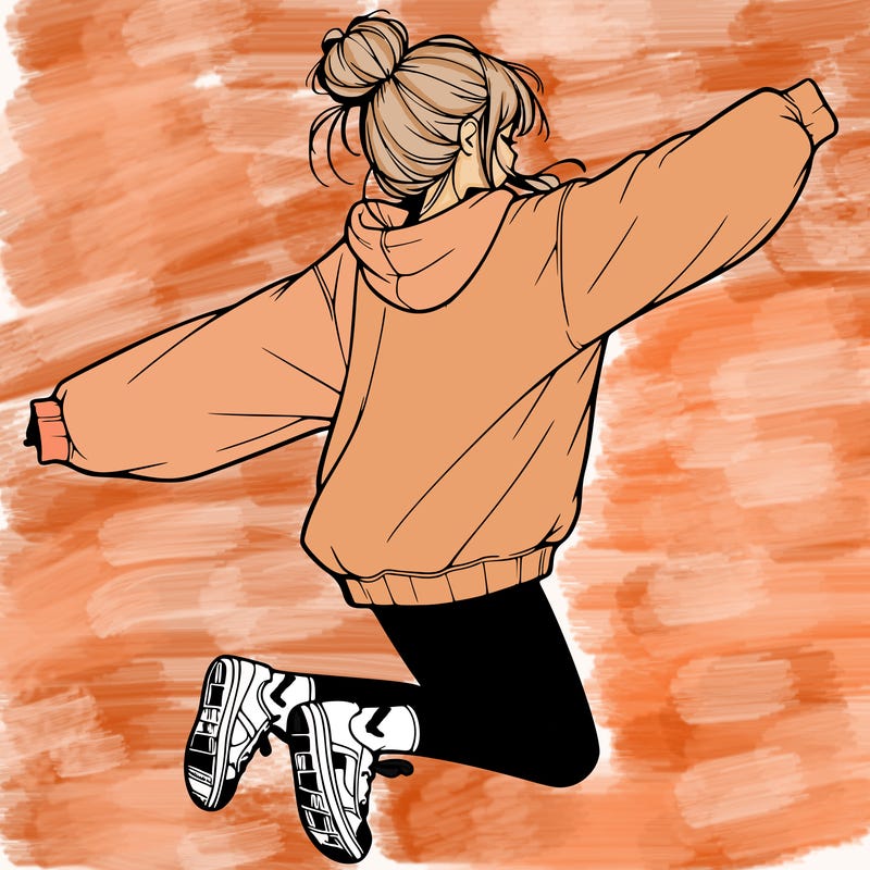 realistic girl jumping with a bun and oversized sweatshirt