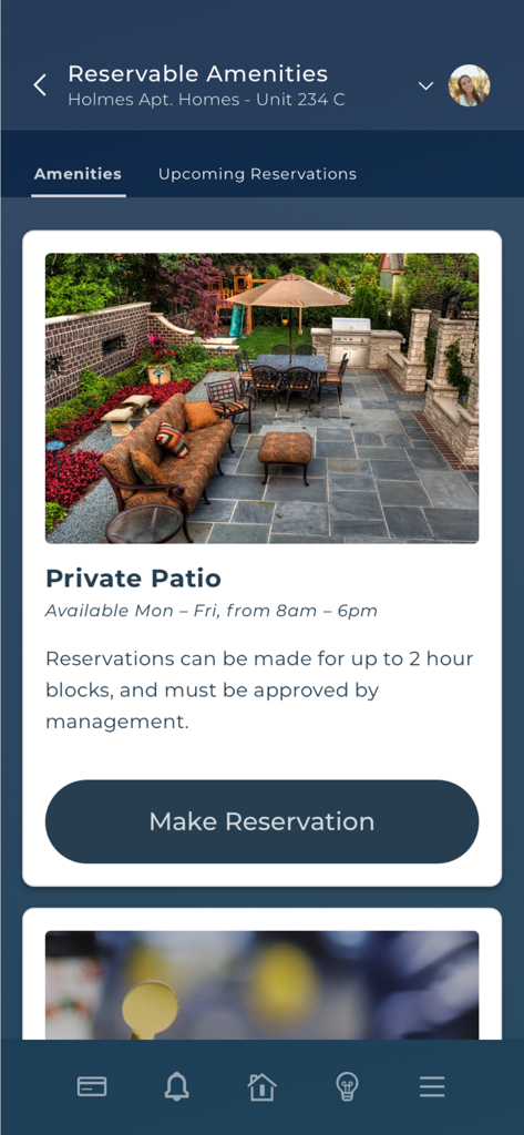 Greystar Resident App - A screen from the Greystar Resident App showing a private patio available for reservation with a booking button