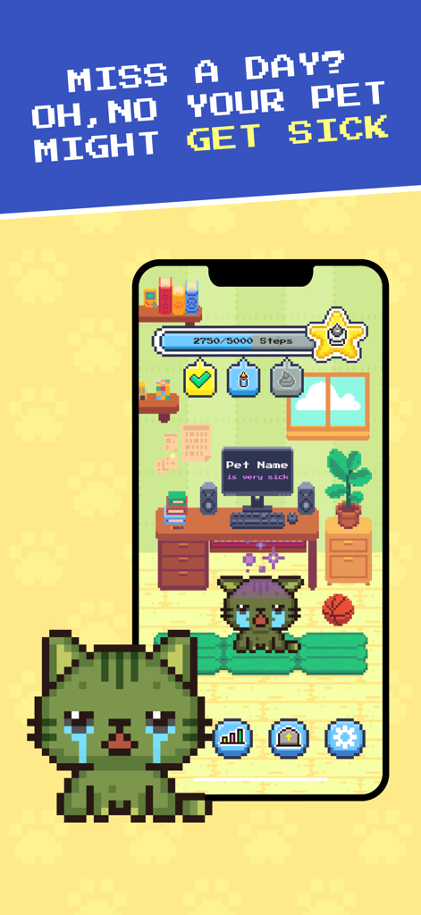 StepPals - Walking App - A crying pixel art pet on a smartphone screen showing the consequences of missing daily walking goals in the StepPals app