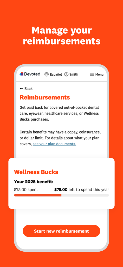 MyDevoted app screen showing health reimbursement management and a wellness bucks benefit tracker.