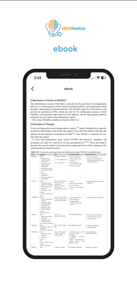 MedGenius: Powered by Dr Wise - La aplicación MedGenius muestra una página de libro electrónico médico con una tabla detallada sobre fármacos AINE para referencia clínica