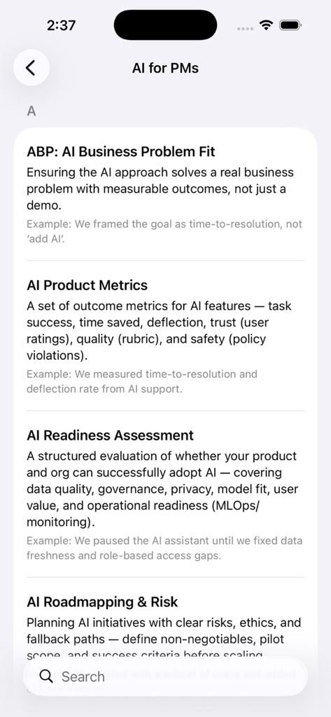 15 Min Product Manager - Educational screen from the 15 Min Product Manager app defining AI terms for product management roles.
