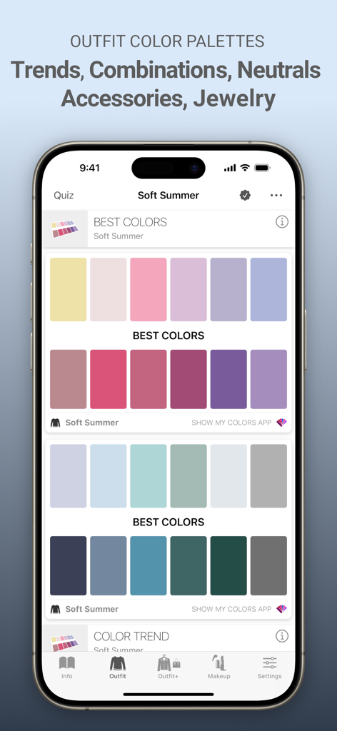 Smartphone screen displaying the best colors for the Soft Summer palette in the Show My Colors app.