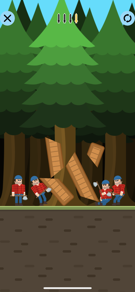 A physics puzzle level in Mr Ninja featuring sliced wooden platforms falling on lumberjack enemies in a forest.