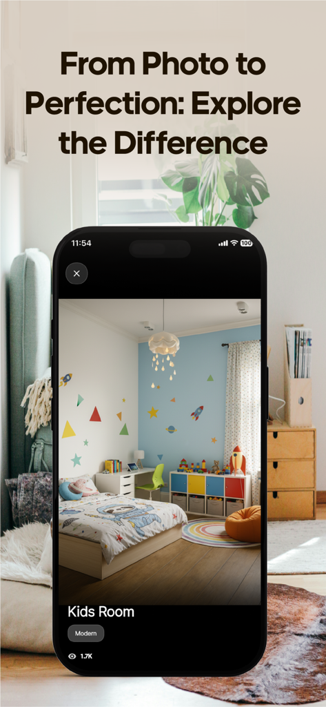 Decor AI: Room Design & AI - Decor AIアプリが子供部屋のモダンなインテリアデザインの変身を示しています。
