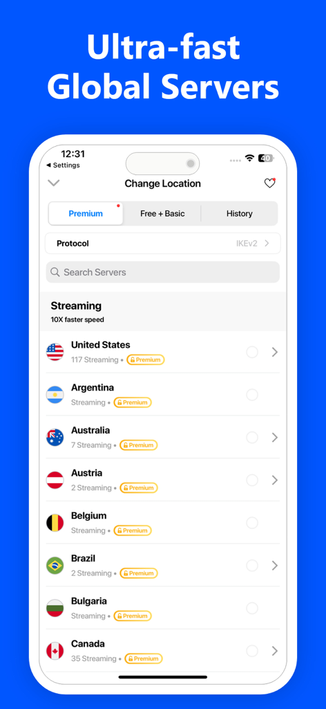 Lista de servidores VPN globais premium para streaming de alta velocidade.