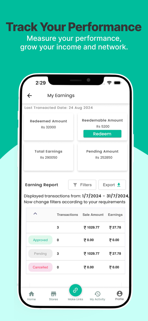 ExtraPe: Affiliate Marketing - A screenshot of the ExtraPe app showing the performance tracking dashboard with earnings reports