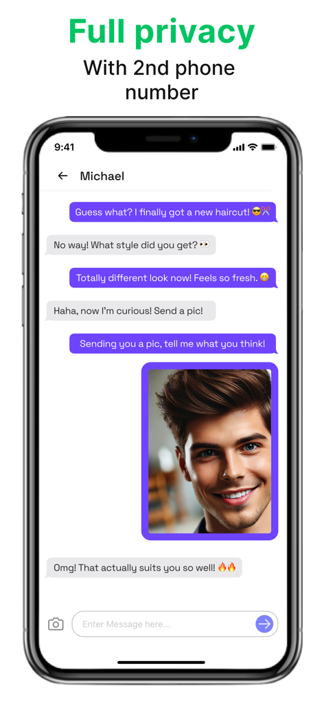 Interface de messagerie privée de l'application Text Now montrant une conversation avec un deuxième numéro de téléphone et une photo partagée.