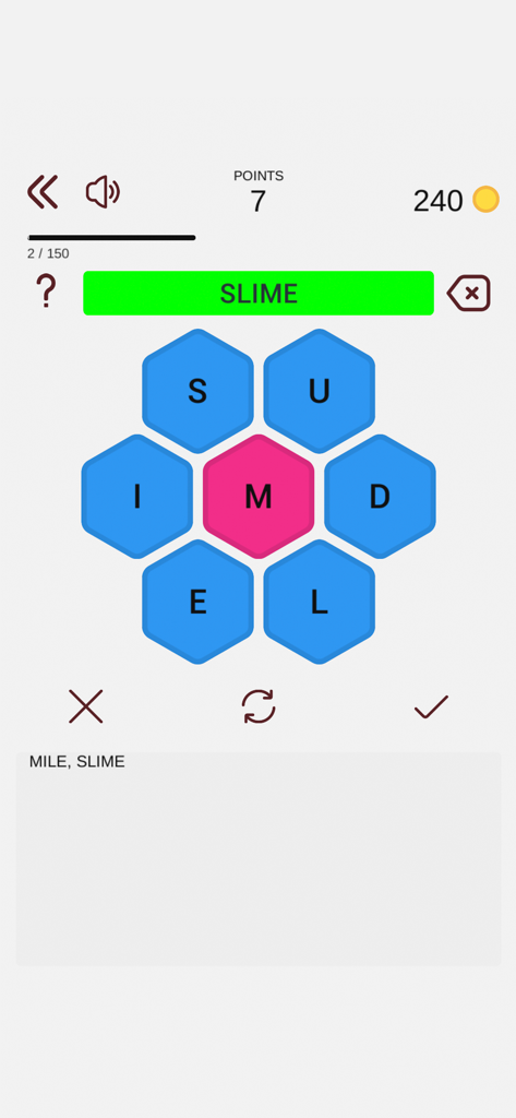 Speeling Bee - Speeling Bee app gameplay showing a hexagonal grid of letters with the word slime selected