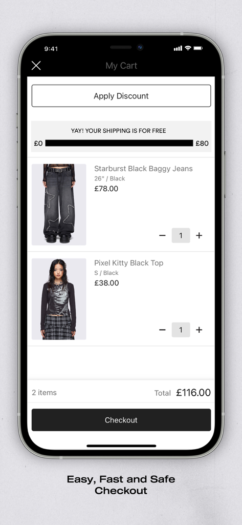 Minga London US - Tela do carrinho de compras do aplicativo Minga London US exibindo itens de vestuário alternativos e um botão de checkout.