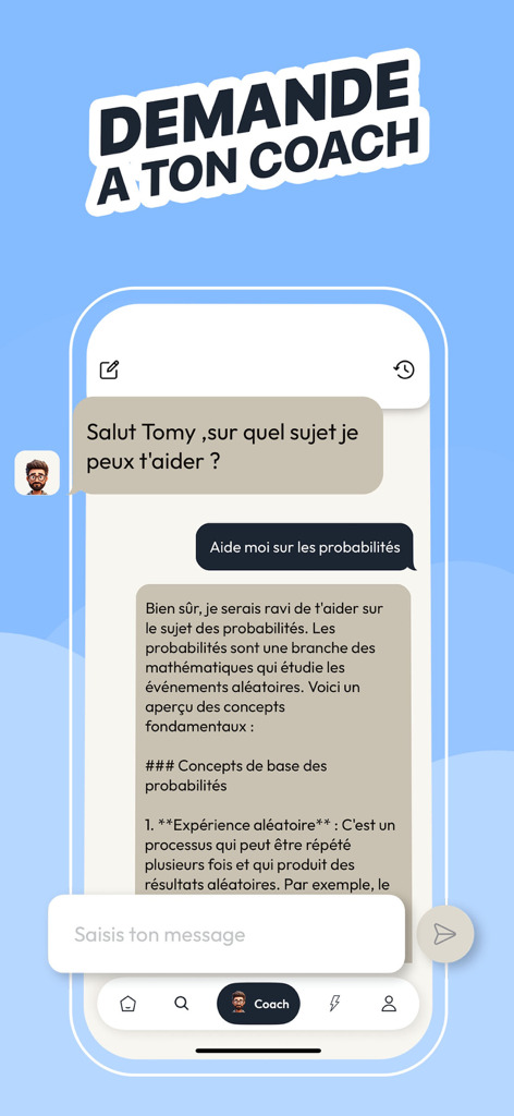 Plume - Fiches de revision - Interfaz de un tutor de estudio de IA que proporciona explicaciones personalizadas sobre probabilidades matemáticas