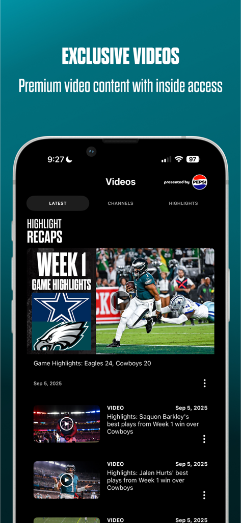 Philadelphia Eagles - Philadelphia Eagles mobile app interface showing exclusive video highlights and player clips