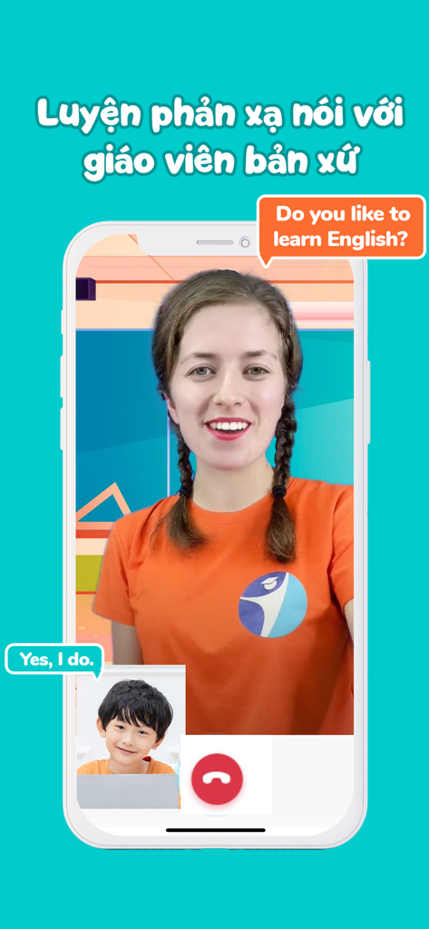 Un estudiante practicando conversación en inglés con un profesor nativo en una videollamada en la aplicación EDUPIA KID.