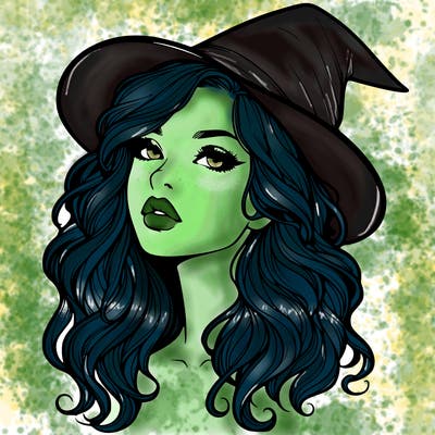realistic witch girl with wavy hair and lips