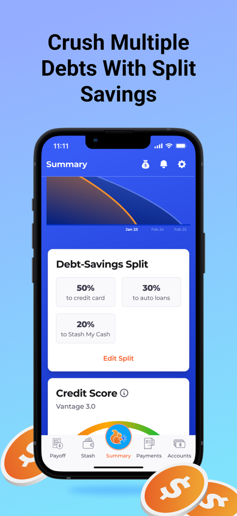 Changed: Automate Debt Payoff - Mobile app interface showing a breakdown of debt payoff and savings allocations