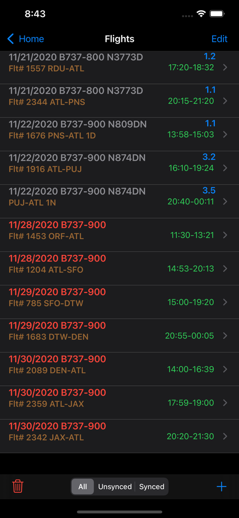 A list of logged flights on the Logbook Pro app showing aircraft types, routes, and flight durations