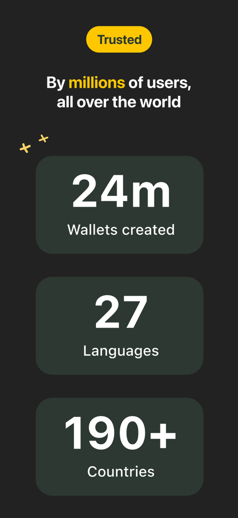 Estadísticas de la aplicación Coin Wallet que muestran 24 millones de billeteras creadas en 190 países y 27 idiomas.
