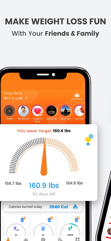 BetterTogether: Weight Loss - BetterTogether weight loss app dashboard showing social group features and target progress gauge