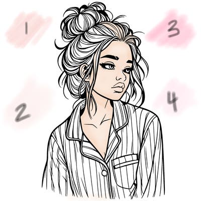 realistic woman with pajamas on and a messy bun