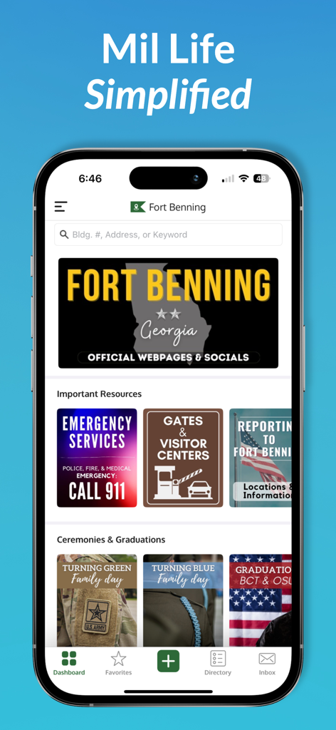 GuideOn Military app dashboard for Fort Benning showing base resources and graduation info