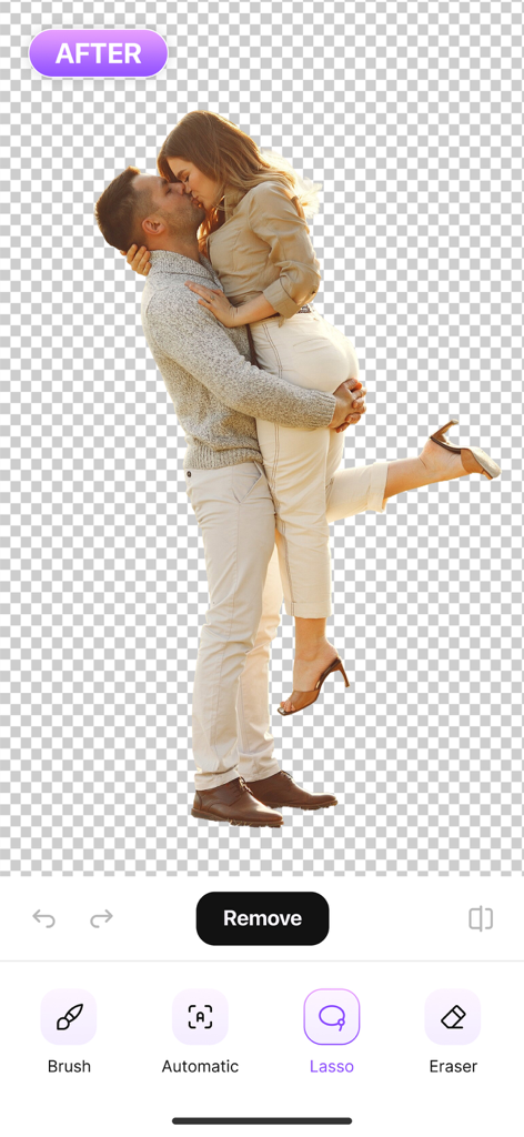 Magic Eraser app interface showing a photo of a couple with the background removed using the AI tool