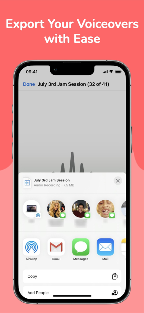 AI Voice & Song Generator - Interfaz que muestra cómo exportar y compartir voces generadas por IA en un iPhone.