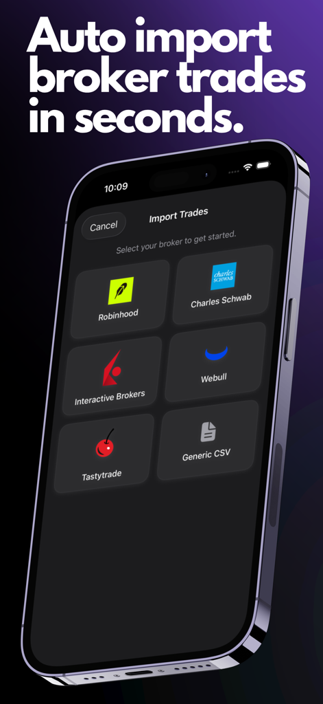 TradeZap - Trade Journal App - Pantalla de la aplicación móvil TradeZap que muestra opciones para importar automáticamente operaciones de brókers como Robinhood y Webull