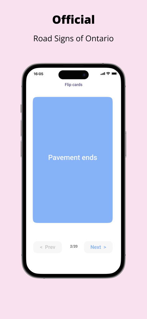 G1 Driving Test Ontario - Interfaz de tarjeta de memoria de señales de tránsito de la aplicación G1 Driving Test Ontario que muestra la señal de fin de pavimento