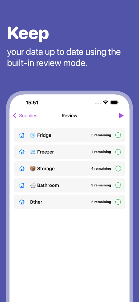 Supplies - home inventory app - A screenshot of the Supplies home inventory app showing the review mode with inventory categories for fridge and freezer.