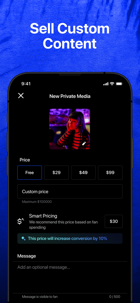Interfaccia dell'app Luvi per i creator per caricare e impostare prezzi per contenuti multimediali privati esclusivi.