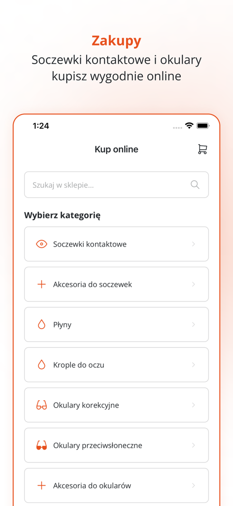 KODANO - The shopping menu in the KODANO app with categories for contact lenses and glasses