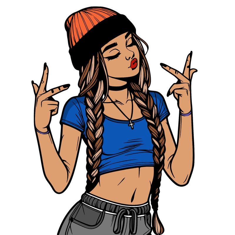 realistic teenage girl with braids and a beanie and crop top doing 🫶🏼